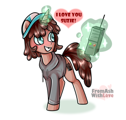 Size: 2100x2000 | Tagged: safe, artist:loverashley, oc, oc only, pony, unicorn, clothes, glowing, glowing horn, grin, hat, high res, hoodie, horn, magic, male, simple background, smiling, solo, stallion, talking, telekinesis, unicorn oc, walkie talkie, white background