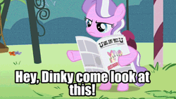 Size: 720x405 | Tagged: safe, edit, edited screencap, screencap, apple bloom, diamond tiara, dinky hooves, scootaloo, sweetie belle, earth pony, pony, unicorn, g4, ponyville confidential, animated, cutie mark crusaders, edited gif, female, filly, foal, gabby gums, jewelry, meme, newspaper, reversed, text, tiara