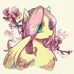 Size: 2048x2048 | Tagged: safe, artist:tkotu434, fluttershy, pegasus, pony, g4, bust, cherry blossoms, chest fluff, eye clipping through hair, female, flower, flower blossom, high res, mare, open mouth, simple background, solo, spread wings, spring, traditional art, watercolor painting, white background, wings