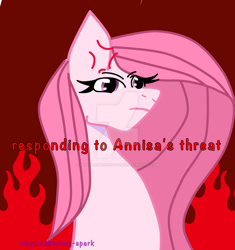 Size: 1280x1359 | Tagged: safe, artist:verytrashenemy-spark, oc, oc only, oc:annisa trihapsari, earth pony, pony, angry, cross-popping veins, derp, deviantart watermark, earth pony oc, emanata, female, fire, long hair, long mane, mare, not pinkamena, obtrusive watermark, red background, simple background, solo, unamused, watermark