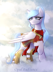 Size: 1888x2556 | Tagged: safe, artist:opal_radiance, oc, oc:opal rosamond, pegasus, pony, cloud, soldier, solo, spartan