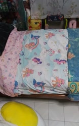 Size: 2000x3200 | Tagged: safe, izzy moonbow, pipp petals, sunny starscout, sunset shimmer, zipp storm, earth pony, pegasus, pony, unicorn, g5, bed, bedsheets, high res, irl, photo, quilt