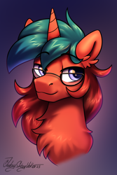 Size: 2000x3000 | Tagged: safe, artist:jedayskayvoker, oc, oc only, oc:midnight dusk, pony, unicorn, chest fluff, ear fluff, fluffy, glasses, gradient background, high res, horn, male, patreon, patreon reward, purple eyes, smiling, solo, stallion, unicorn oc