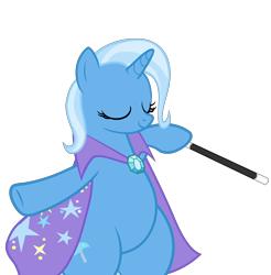 Size: 5600x5681 | Tagged: safe, artist:mrvector, trixie, pony, unicorn, g4, absurd resolution, bipedal, cape, chubby, clothes, cute, eyes closed, female, hind legs, magic wand, mare, plump, simple background, smiling, solo, standing on two hooves, transparent background, trixie's cape, wand, wide hips