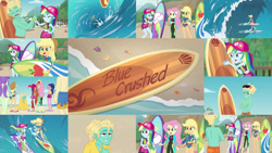 Size: 1280x721 | Tagged: safe, editor:quoterific, screencap, applejack, fluttershy, rainbow dash, zephyr breeze, human, blue crushed, equestria girls, equestria girls series, g4, clothes, surfing, swimsuit, towel