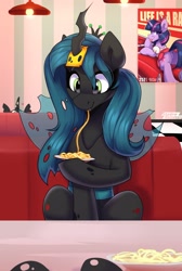 Size: 1750x2600 | Tagged: safe, artist:shadowreindeer, queen chrysalis, twilight sparkle, changeling, changeling queen, pony, unicorn, g4, butt, cheese, crown, cute, cutealis, dock, featureless crotch, food, horn, horn impalement, jewelry, pasta, plot, poster, regalia, sliced cheese, solo, spaghetti, tail, tongue out, transparent wings, twibutt, unicorn twilight, wings