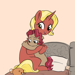 Size: 1280x1280 | Tagged: safe, artist:smirk, oc, oc only, oc:cami, oc:woven lace, unicorn, anthro, anthro oc, bed, comforting, duo, female, horn, hug, mother and child, mother and daughter, pillow, plushie, unicorn oc