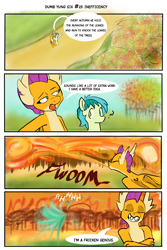 Size: 2000x3000 | Tagged: safe, artist:skunkstripe, sandbar, smolder, dragon, earth pony, pony, g4, autumn, comic, dialogue, dragoness, dumb yung-six comics, female, fire, fire breath, forest fire, high res, hose, male, running of the leaves, smug, stallion, water