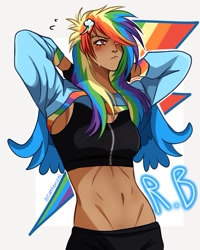 Size: 815x1019 | Tagged: safe, artist:cattenzei, rainbow dash, human, g4, dark skin, female, humanized, midriff, simple background, solo, white background, winged humanization, wings