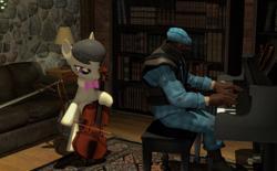 Size: 2264x1400 | Tagged: safe, artist:xafilah, octavia melody, earth pony, human, pony, g4, 3d, bookshelf, cello, couch, demoman, gmod, lamp, musical instrument, piano, sword, weapon