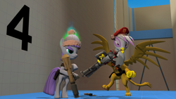 Size: 2765x1555 | Tagged: safe, artist:xafilah, gilda, maud pie, earth pony, griffon, pony, g4, 3d, gmod, rocket launcher, soldier, soldier (tf2), team fortress 2, weapon
