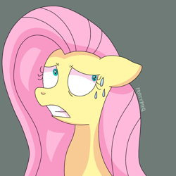 Size: 1000x1000 | Tagged: safe, artist:fruiitypieq, artist:shycookieq, fluttershy, pegasus, pony, g4, female, gray background, scared, simple background, solo, sweat
