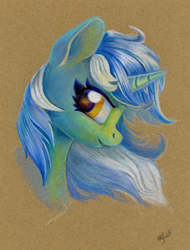 Size: 910x1200 | Tagged: safe, artist:maytee, part of a set, lyra heartstrings, pony, unicorn, g4, bust, colored pencil drawing, portrait, profile, smiling, solo, toned paper, traditional art