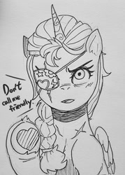 Size: 815x1139 | Tagged: safe, artist:maren, sunny starscout, alicorn, pony, g5, eyepatch, female, lineart, mare, race swap, solo, sunnycorn, traditional art