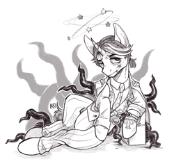 Size: 2084x1966 | Tagged: safe, artist:karamboll, pony, unicorn, aesop carl, black and white, blood, clothes, crossover, full body, grayscale, identity v, injured, lying down, male, monochrome, necktie, sketch, solo, suit, tentacles