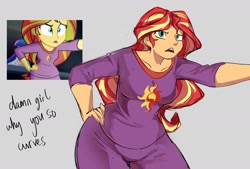 Size: 1680x1137 | Tagged: safe, artist:ecstasydemon, screencap, sunset shimmer, twilight sparkle, human, equestria girls, g4, my little pony equestria girls: rainbow rocks, clothes, curvy, extra thicc, female, pajamas, scene interpretation, screencap reference, solo, wide hips