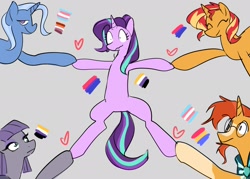 Size: 1750x1250 | Tagged: safe, artist:ecstasydemon, maud pie, starlight glimmer, sunburst, sunset shimmer, trixie, earth pony, pony, unicorn, g4, bisexual, bisexual pride flag, female, female to male, gray background, heart, lesbian, lesbian pride flag, male, male to female, nonbinary, nonbinary pride flag, pansexual, pansexual pride flag, polyamory, pride, pride flag, pulling, ship:shimmerglimmer, ship:starburst, ship:startrix, shipping, simple background, starlight glimmer gets all the mares, starmaud, straight, t4t, trans female, trans male, trans sunburst, trans trixie, transgender, transgender pride flag