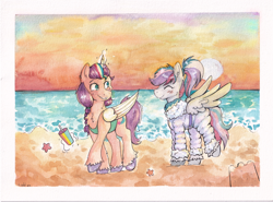 Size: 6712x4960 | Tagged: safe, artist:lightisanasshole, sunny starscout, oc, alicorn, pegasus, pony, g5, beach, blushing, cheek fluff, clothes, colored hooves, ear fluff, jumpsuit, looking back, mane stripe sunny, ocean, one-piece swimsuit, pegasus oc, race swap, sand, sandcastle, scarf, smoothie, stars, sunnycorn, sunset, swimsuit, traditional art, water, watercolor painting, winter outfit