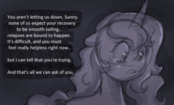 Size: 1164x704 | Tagged: safe, anonymous artist, izzy moonbow, pony, unicorn, series:anorexic sunny, g5, anorexia, crying, dialogue, female, implied sunny starscout, looking at someone, looking down, mare, monochrome, offscreen character, sketch, solo, speech bubble, talking
