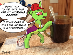 Size: 2080x1560 | Tagged: safe, artist:pony-berserker, princess luna, oc, oc:berzie, changedling, changeling, pony, g4, annoyed, breaking the fourth wall, changedling oc, changeling oc, clothes, coffee, coffee mug, couch, door, hard hat, hat, irl, looking at you, mug, photo, pillow, plushie, ponies in real life, solo, spoon, table