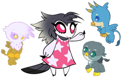 Size: 1810x1144 | Tagged: safe, artist:php170, gabby, gallus, gilda, bird, demon, griffon, anthro, digitigrade anthro, g4, baby, baby griffon, bird demon, chick, chickub, clothes, crossover, cub, cute, daaaaaaaaaaaw, dress, female, flying, gabbybetes, gallabetes, gildadorable, griffon trio, hellaverse, hellborn, helluva boss, male, octavia (helluva boss), show accurate, simple background, smiling, tail, transparent background, vector, weapons-grade cute, wings, younger