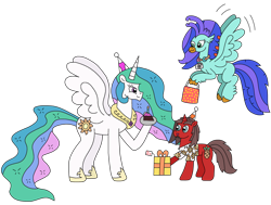 Size: 3040x2304 | Tagged: safe, artist:supahdonarudo, princess celestia, oc, oc:ironyoshi, oc:sea lilly, alicorn, classical hippogriff, hippogriff, pony, unicorn, g4, birthday, cake, flying, food, hat, high res, holding, party hat, plate, present, simple background, transparent background, trio