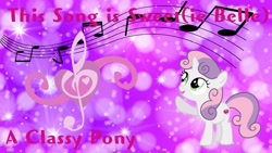 Size: 1920x1080 | Tagged: safe, artist:aclassypony, artist:user15432, sweetie belle, pony, unicorn, g4, female, filly, foal, gradient background, music notes, pink background, simple background, solo, sparkly background, this song is sweet(ie belle)