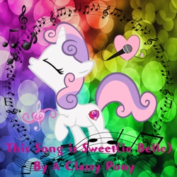 Size: 850x850 | Tagged: safe, artist:aclassypony, artist:user15432, sweetie belle, pony, unicorn, g4, album, album cover, eyes closed, female, filly, foal, gradient background, microphone, music notes, rainbow background, singing, solo, this song is sweet(ie belle)