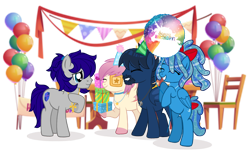 Size: 2000x1214 | Tagged: safe, artist:jennieoo, oc, oc only, oc:atin nyamic, oc:gentle star, oc:maverick, oc:ocean soul, bat pony, earth pony, pegasus, pony, balloon, birthday, birthday gift, birthday party, cute, gift art, happy, hat, laughing, married couple, ocbetes, party, party hat, present, show accurate, simple background, sketch, smiling, soulverick, teary eyes, transparent background