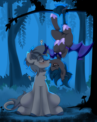 Size: 4000x5000 | Tagged: safe, artist:haruk, oc, oc only, oc:chilly bite, oc:frosty tundra, bat pony, kirin, pony, armor, bat pony oc, blushing, commission, duo, female, forest, guardsmare, hanging, hanging by tail, hanging upside down, kirin oc, licking, mare, night, night guard, night guard armor, question mark, royal guard, tongue out, tree, tree branch, upside down, ych result