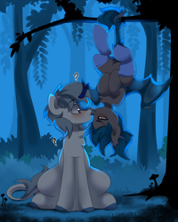 Size: 4000x5000 | Tagged: safe, alternate version, artist:haruk, oc, oc only, oc:chilly bite, oc:frosty tundra, bat pony, kirin, pony, bat pony oc, blushing, clothes, commission, duo, forest, hanging, hanging by tail, hanging upside down, kirin oc, licking, night, question mark, socks, tongue out, tree, tree branch, upside down, ych result