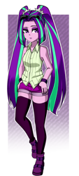 Size: 900x2000 | Tagged: safe, artist:nekojackun, aria blaze, equestria girls, g4, aria flat, bare shoulders, breasts, clothes, delicious flat chest, eyebrows, female, hand on hip, raised eyebrow, shorts, sleeveless, socks, solo, sunglasses, thigh highs, vest