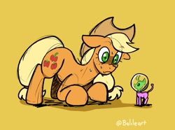 Size: 689x512 | Tagged: safe, artist:balileart, applejack, alien, earth pony, pony, g4, crouching, duo, frown, micro, nervous sweat, simple background, size difference, space helmet, sweat, yellow background