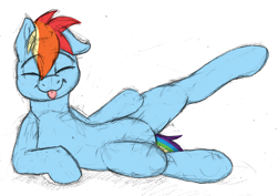 Size: 3508x2480 | Tagged: safe, artist:sefastpone, rainbow dash, pegasus, pony, g4, belly, colored sketch, eyes closed, featureless crotch, high res, lifting leg, lying down, male, rainbow blitz, rule 63, simple background, solo, stallion, tongue out, white background