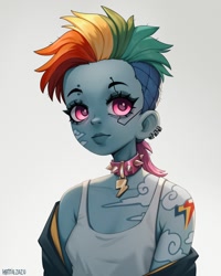 Size: 1400x1750 | Tagged: safe, artist:hattiezazu, rainbow dash, cyborg, human, g4, alternate hairstyle, choker, clothes, ear piercing, earring, eyebrow piercing, female, humanized, jacket, jewelry, piercing, pony coloring, punk, simple background, solo, spiked choker, tank top, tattoo, white background