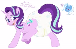 Size: 2652x1733 | Tagged: safe, artist:shuphle, starlight glimmer, trixie, pony, unicorn, g4, blushing, diaper, diaper butt, diaper fetish, duo, fetish, floating head, inset, looking back, non-baby in diaper, offscreen character, open mouth, open smile, poofy diaper, raised hoof, raised leg, simple background, smiling, solo focus, standing on two hooves, tail, tail hole, talking, wetness indicator, white background