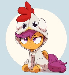 Size: 1811x1968 | Tagged: safe, artist:pabbley, scootaloo, pegasus, pony, animal costume, clothes, costume, cute, cutealoo, female, filly, foal, kigurumi, scootachicken, scootaloo is not amused, sitting, solo, unamused, underhoof