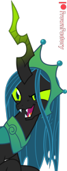 Size: 1566x4000 | Tagged: safe, artist:frownfactory, queen chrysalis, changeling, changeling queen, g4, the ending of the end, crazy face, crown, faic, fangs, female, horn, jewelry, open mouth, regalia, simple background, solo, transparent background, ultimate chrysalis, vector