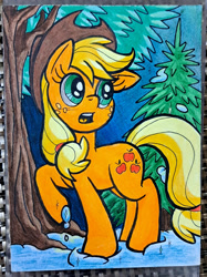 Size: 1024x1366 | Tagged: safe, artist:redapropos, applejack, earth pony, pony, g4, applejack's hat, colored pencil drawing, cowboy hat, female, forest, hat, mare, one ear down, open mouth, pine tree, raised hoof, snow, solo, traditional art, tree