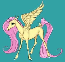 Size: 1735x1650 | Tagged: safe, artist:witherslayer73, fluttershy, pegasus, pony, g4, colored hooves, concave belly, female, hoers, hooves, long tail, mare, simple background, slender, smiling, solo, tail, teal background, thin, thin legs, wings