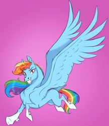 Size: 1561x1799 | Tagged: safe, artist:witherslayer73, rainbow dash, pegasus, pony, g4, coat markings, colored hooves, concave belly, female, frog (hoof), grin, hoers, mare, pink background, simple background, smiling, socks (coat markings), solo, spread wings, underhoof, wings