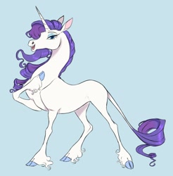 Size: 1485x1510 | Tagged: safe, artist:witherslayer73, rarity, classical unicorn, pony, unicorn, g4, blue background, cloven hooves, colored hooves, concave belly, female, hoers, horn, leonine tail, looking at you, mare, open mouth, raised hoof, simple background, slender, solo, thin, unshorn fetlocks