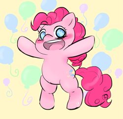 Size: 941x916 | Tagged: safe, alternate version, artist:vallycuts, pinkie pie, earth pony, pony, g4, balloon, bipedal, blushing, female, looking at you, mare, open mouth, open smile, smiling, solo