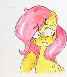 Size: 1785x2048 | Tagged: safe, artist:dethkek, fluttershy, pegasus, pony, g4, female, looking away, mare, nervous sweat, solo, sweat, traditional art