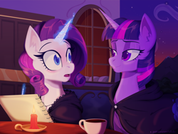 Size: 1600x1200 | Tagged: safe, artist:willoillo, rarity, twilight sparkle, alicorn, pony, unicorn, fanfic:the enchanted kingdom, g4, blushing, candle, cloak, clothes, coffee cup, cup, duo, duo female, fanfic art, female, glowing, glowing horn, horn, jewelry, lesbian, magic, mare, mountain, necklace, notebook, notepad, open mouth, ship:rarilight, shipping, stars, surprised, teacup, telekinesis, twilight sparkle (alicorn), window