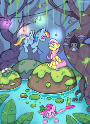 Size: 1912x2637 | Tagged: safe, artist:linxminx, angel bunny, fluttershy, gummy, pinkie pie, rainbow dash, tank, alligator, bird, earth pony, frog, owl, parasprite, pegasus, pony, rabbit, tortoise, g4, animal, biting, female, lilypad, looking at each other, looking at someone, mare, onomatopoeia, sleeping, sound effects, swamp, swimming, tail, tail bite, zzz