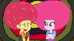 Size: 3000x1680 | Tagged: safe, artist:bigpurplemuppet99, pinkie pie, sunset shimmer, human, equestria girls, g4, afro, alternate hairstyle, duo, female, lesbian, ship:sunsetpie, shipping
