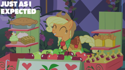 Size: 1280x720 | Tagged: safe, edit, edited screencap, editor:quoterific, screencap, applejack, earth pony, pony, g4, the best night ever, alternate hairstyle, apple, applejack's hat, braid, braided tail, clothes, cowboy hat, cupcake, cute, dress, eyes closed, female, flower, food, freckles, gala dress, grin, happy, hat, jackabetes, mare, pastries, pastry, pie, rose, satisfied, smiling, solo, tail