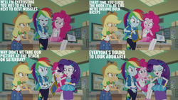 Size: 2000x1125 | Tagged: safe, edit, edited screencap, editor:quoterific, screencap, applejack, pinkie pie, rainbow dash, rarity, human, equestria girls, equestria girls specials, g4, my little pony equestria girls: better together, my little pony equestria girls: forgotten friendship, applejack's hat, blue eyeshadow, clothes, cowboy hat, eyes closed, eyeshadow, female, freckles, frown, geode of shielding, geode of sugar bombs, geode of super speed, geode of super strength, grin, group, hat, holding, implied bulk biceps, magical geodes, makeup, open mouth, open smile, quartet, rah rah skirt, rarity peplum dress, skirt, smiling, yearbook