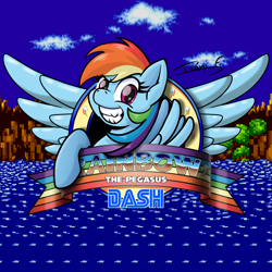 Size: 3508x3508 | Tagged: safe, artist:memprices, rainbow dash, pegasus, pony, g4, crossover, dreamworks face, grin, high res, looking at you, retro, smiling, smiling at you, solo, sonic the hedgehog (series), teeth, text